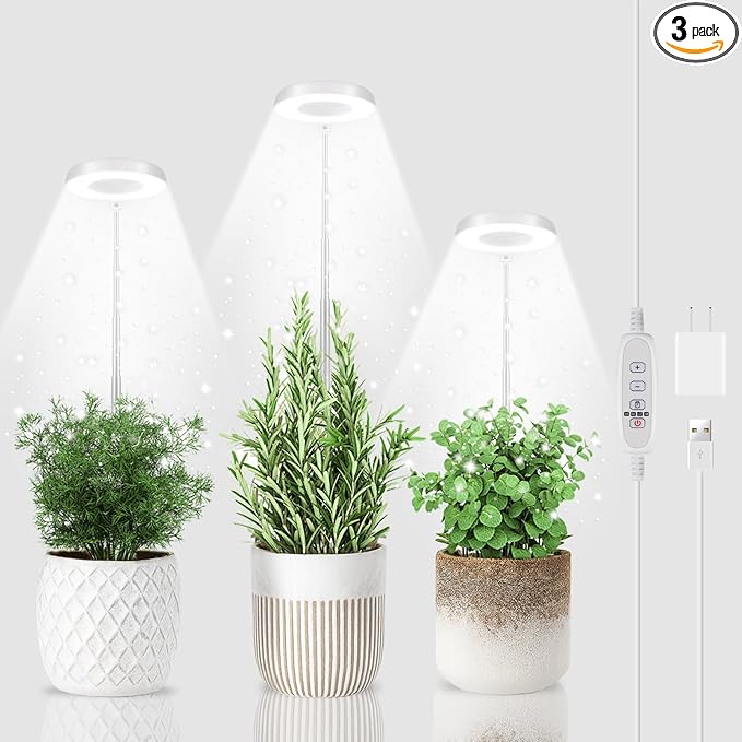 GYTF 3 Pack Halo Grow Light for Indoor Plants, 6000K 48 LEDs Full Spectrum Plant Lamp with Dimmable & Timer 4/8/12/18Hrs for Succulents, Mini Bonsai, Small Plants, Height Adjustable