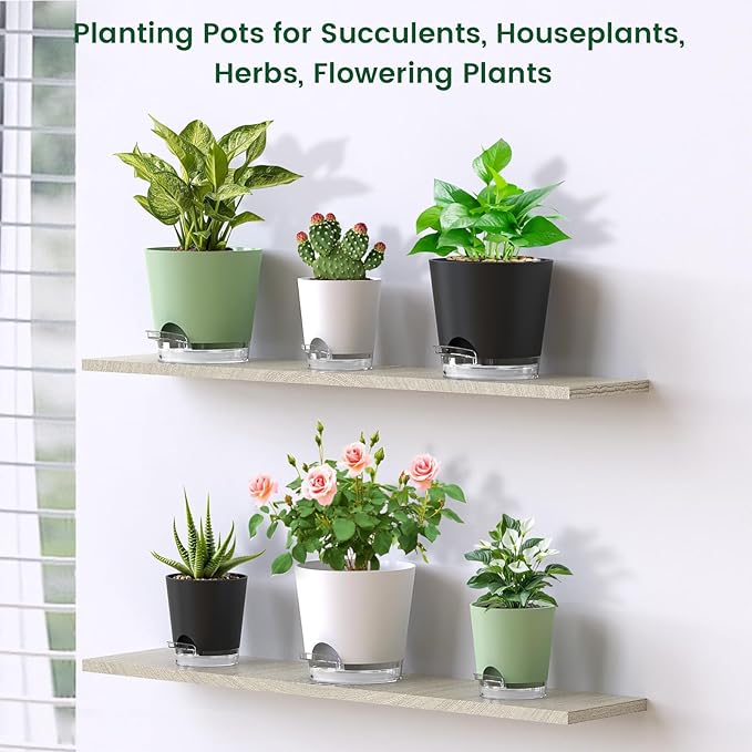 Meowell 6 inch Self Watering Pots for Indoor Outdoor Plants, 3 Pack Flower Plant Pots with Drainage Holes and Clear Reservoirs, Visible Water Level, Plastic Planters with Wicking Rope, Green