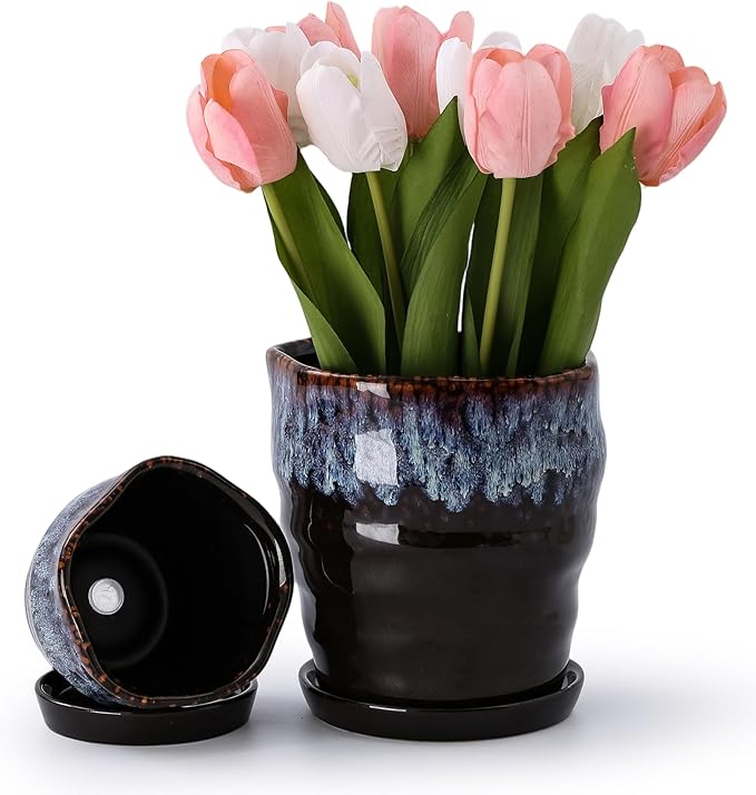 Set of 2 Reactive Glaze Ceramic Planters with Drainage Holes & Saucers - 4 + 6 Inch Unique Irregular Round Flower Pots for Indoor Outdoor Plants, Succulents, Orchids - Reactive Glaze Spot