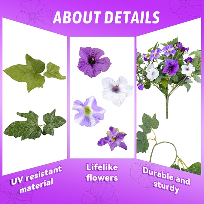 Alotiki Artificial Fake Flowers for Outdoor Plants Decoration,4 Pcs Faux Petunias Flowers Plants UV Resistant Silk for Porch Yard Garden Home Indoor Decor(Purple White)