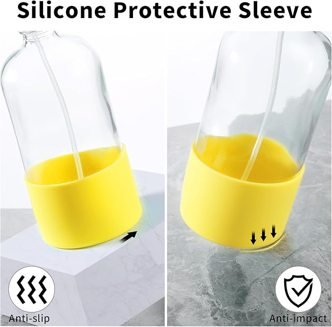 Glass Spray Bottles (2-Pack) with Silicone Sleeve - 16oz Empty Refillable Bottles - Adjustable Nozzle for Hair, Plants, Cleaning & DIY Solutions - Blue & Grey (yellow + mint green)