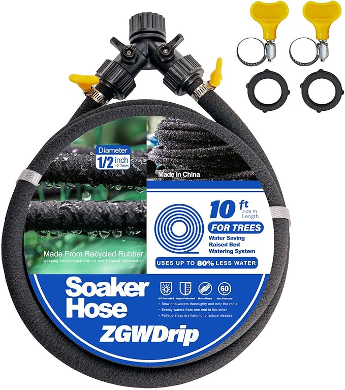10FT for Trees 1/2" Water-Saving Soaker Hose with Solid Brass Connectors, Drip Irrigation Kit