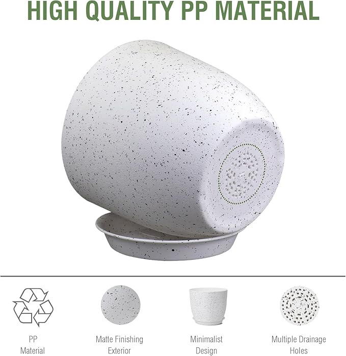 Meowell Plant Pots 12 inch, Plastic Planters with Drainage Holes and Saucers, Large Flower Pots for Indoor Outdoor Plants, Modern Decorative Pots for Garden House Plants, Speckled White