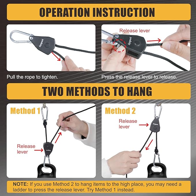 Ayaport Adjustable Rope Hanger Grow Light Hanger, 8Ft 1/8" Heavy Duty Plant Pulley Rope Tightener Ratchet Tie Down for Kayak, Tarp, Tent Tie Downs, Hanging Plants, Filters, Fans