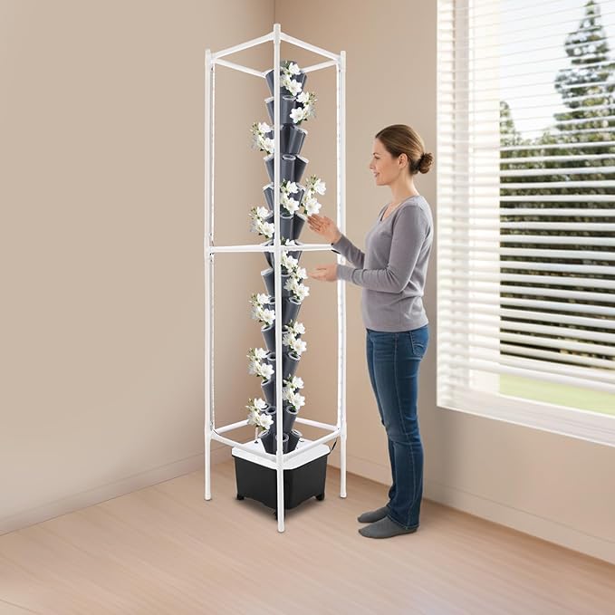 Hydroponic Growing System Kit - 70 Pods Large Vertical Hydroponics Tower with 8 LED Light Strips, 14-Tiers Smart Indoor Herb Garden for Kitchen Office Winter Balcony Planting (Grey)