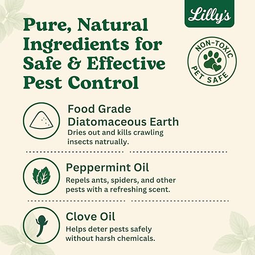 Diatomaceous Earth Food Grade 1lb Bag | Carpet Beetle Killer Indoor, Flea Powder for Carpets, Roach & Ant Killer | Whole-Home Pest Control Powder with Peppermint & Clove | Lilly's Naturals