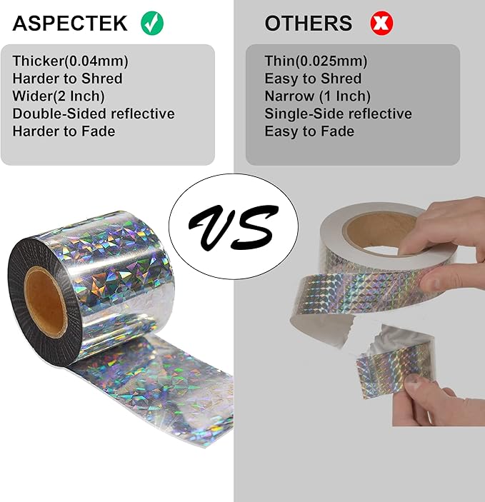 ASPECTEK Bird Repellent Reflective Scare Tape,Wide-width 5cm x 60m Pest Control Dual-Sided Deterrent Tape for Pigeons, Grackles, Woodpeckers, Geese, Herons, Blackbirds & More