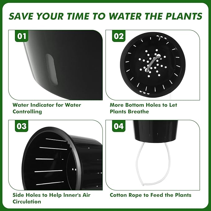 Planterhoma 5 Inch Self Watering Pots for Indoor Plants, 6 Packs African Violet Pots with Indicator, Black Wick Pot with Drainage Holes, Self Watering Planters for Orchid, Devil's Ivy, Grey