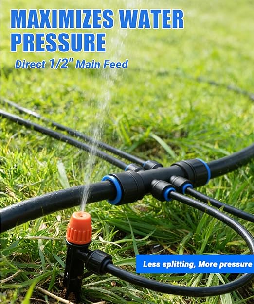 Fast-Lock Drip Irrigation System Kit for Garden Watering with 40 Adjustable Nozzles, All Quick Connect Easy-Connect Irrigation Kit with 1/2" & 1/4" Tubing, for Greenhouse, Lawn, Pots (40FT + 197FT)