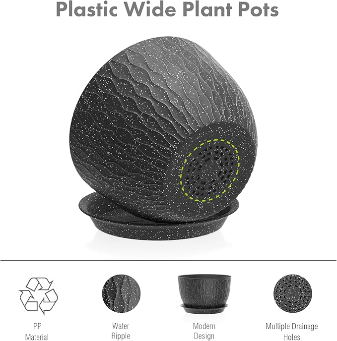Meowell 12/10/9 inch Large Flower Pots, 3 Set Big Plant Pots for Outdoor Indoor Plants with Water Ripples, Wide Plastic Planters with Drainage Holes and Saucers for Garden House Plants, Speckled Black