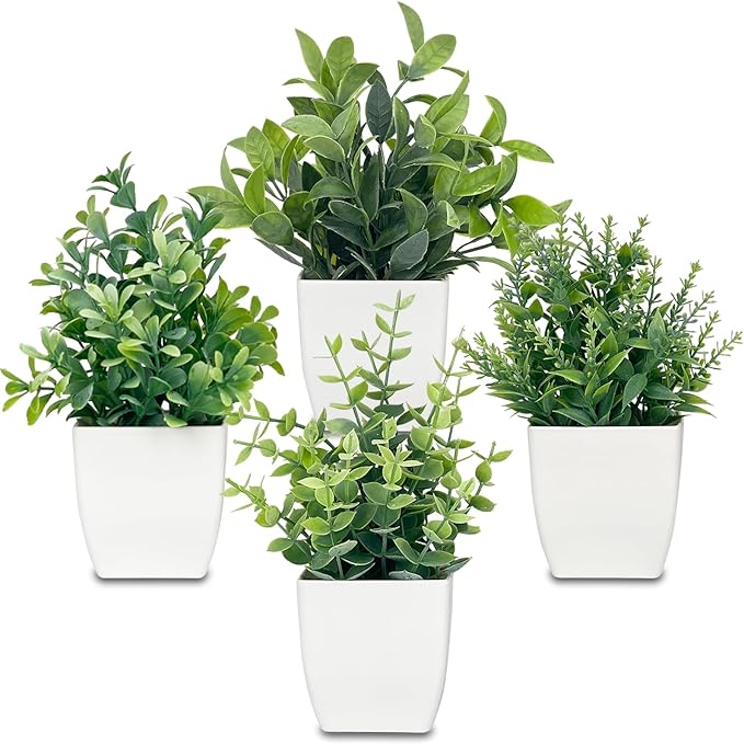 4 Pack Small Fake Plants Artificial Potted Greenery - 7.5 Inch Mini Faux Plants for Indoor Home Office Desk, Bathroom, Farmhouse, Mantel Decor