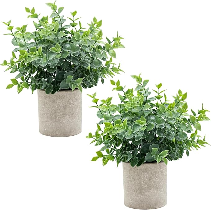 2 Pack Small Fake Plants Eucalyptus Potted Artificial Plants for Home Bathroom Farmhouse Room Coffee Table Decor（Green）