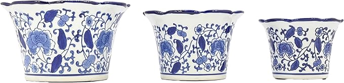 Galt International Blue & White Floral Porcelain Ceramic Decorative Flower Pot 8"/6"/4.5" Garden Pots Chinese Asian Design - Set of 3 Cylinder Fluted Edge