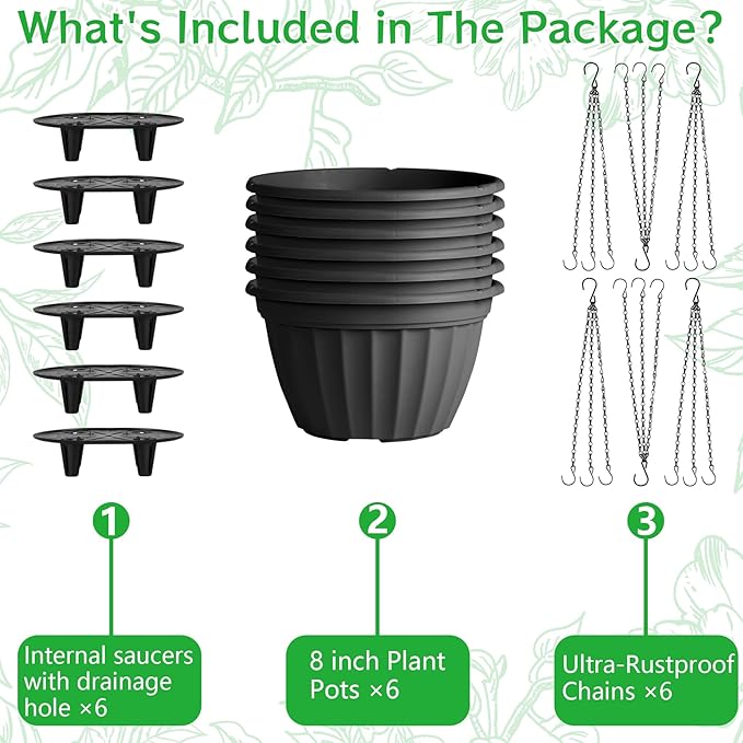 FGstyle 6 Pack Hanging Planters 8 Inch, Self Watering Pots for Indoor Plants, Plastic Hanging Basket with Soil Elevator and 20" Chain for Home Garden Porch Balcony Patio Decor (Black)