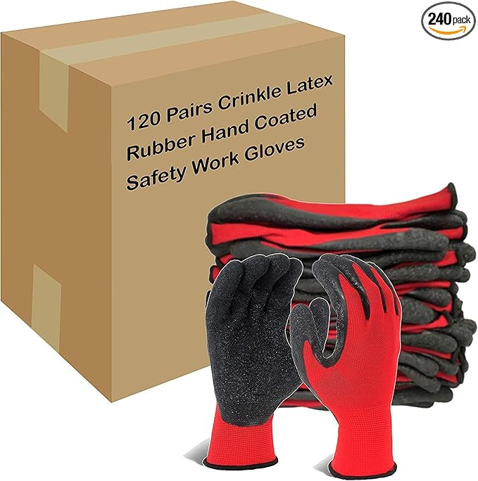 Evridwear Crinkle Latex Rubber Hand Coated Safety Work Gloves for Men Women General Multi Use Construction Warehouse Gardening Assembly Landscaping,Red X-Large 120 Pairs Pack