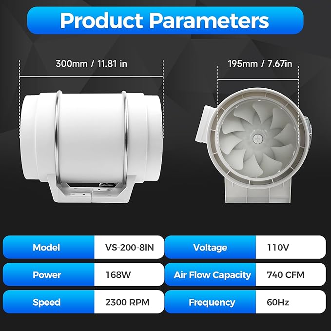 Voltset 8 Inch Duct Fan, Inline Ventilation Exhaust Fan, 740 CFM Duct Intake High Efficiency Air Fan for Vent Bathroom, Kitchen, Grow Tent, Hydroponics, 3D Printer