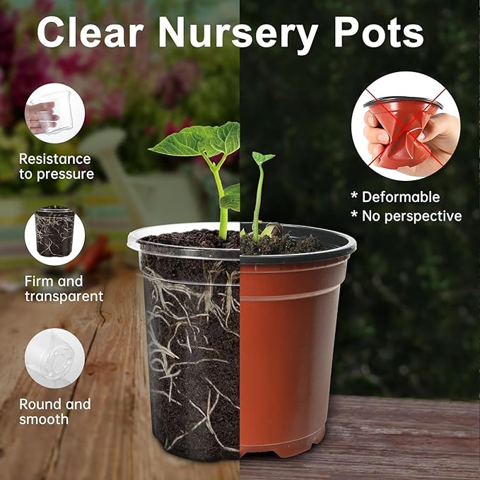 36 Packs 6.5/5/4/3.5 Inch Reinforced Clear Nursery Pots with Drainage Hole, Variety Pack High Transparency Plastic Seedling Plant Pot with 20 Labels