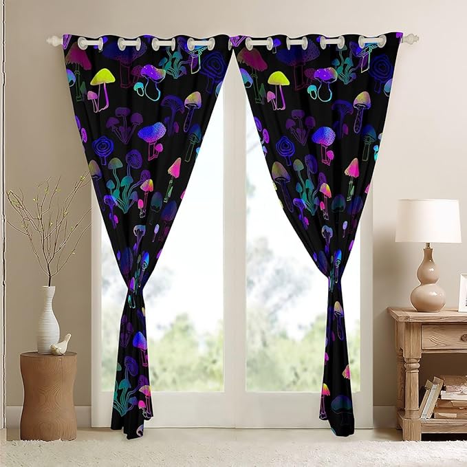 Watercolor Mushroom Curtains & Drapes,Magical Gradient Mushrooms Window Curtains 2 Panels 52" Wx84 L,Botanical Plant Blackout Curtains,Nature Theme Fungi Window Treatments Yellow Blue Purple