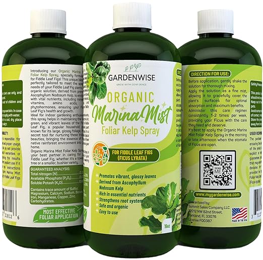 GARDENWISE Organic Marina Mist Foliar Spray for Fiddle Leaf Fig and Other Ficus Trees | Micro Nutrients for Vital Health | Gentle Formula | Liquid Plant Food | Quick Results | Ready to Use (8 OZ)