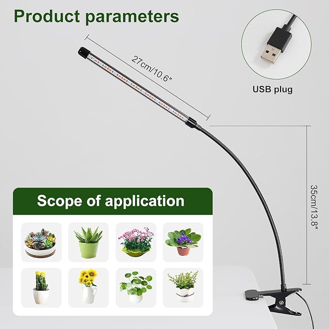 BS&S LED Grow Light,6000K Full Spectrum Clip Plant Growing Lamp with White Red LEDs for Indoor Plants,5-Level Dimmable,Auto On Off Timing 4 8 12Hrs (USB/30W)