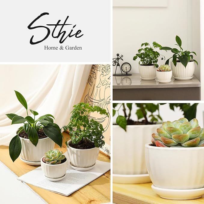 STHIE Ceramic Plant Pots with Drainage Holes and Saucers, Round White Flower Pots for Indoor Plant, Diameter 3.3/4.3/5.5 Inches Small Flower Planters Set of 3