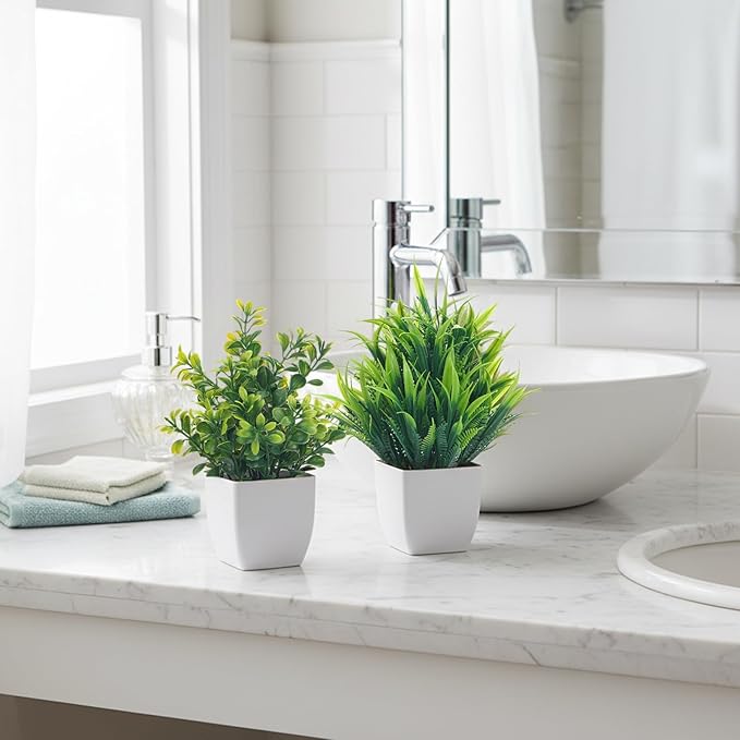 CEWOR Fake Plants 4 Packs Small Artificial Mini Plants Potted Bathroom Accessories Decorations for Desk Office Farmhouse Kitchen Table Decor Indoor