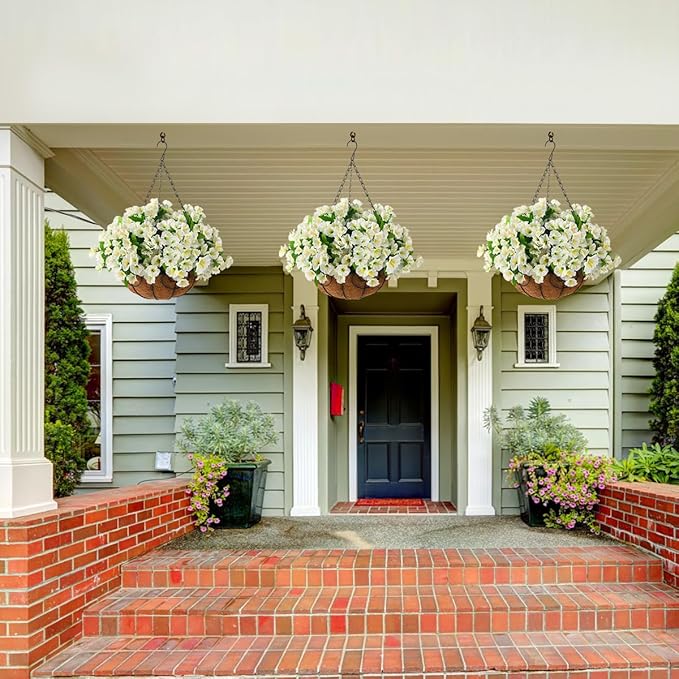 Homsunny Artificial Fake Hanging Flowers Plants Basket for Outdoors,Artificial Petunias for Outdoor Fake Silk Flowers Porch Patio Courtyard Spring Summer Decor(Green White)