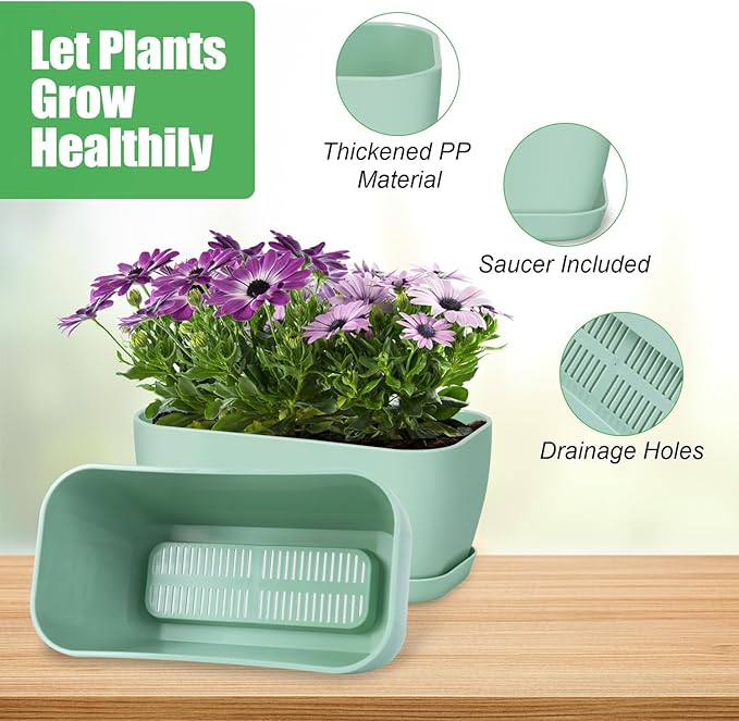Oliz 6 Set Window Herb Planter Box Rectangular, Green Plastic Planters with Multiple Drainage Holes and Trays,Indoor Succulent Cactus Mint Flower Pot for Windowsill, Garden Balcony