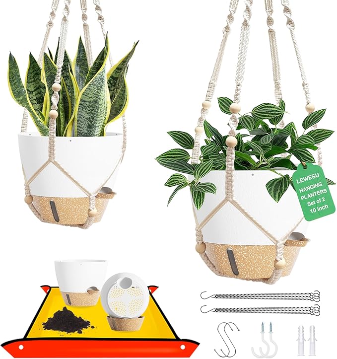 LEWESU Set of 2 Hanging Planters for Indoor Plants with Self Watering Includes Hanging Pots and 2 Types Plant Hangers, Outdoor Hanging Baskets Holder for Home Garden, 10 Inch Oyster White
