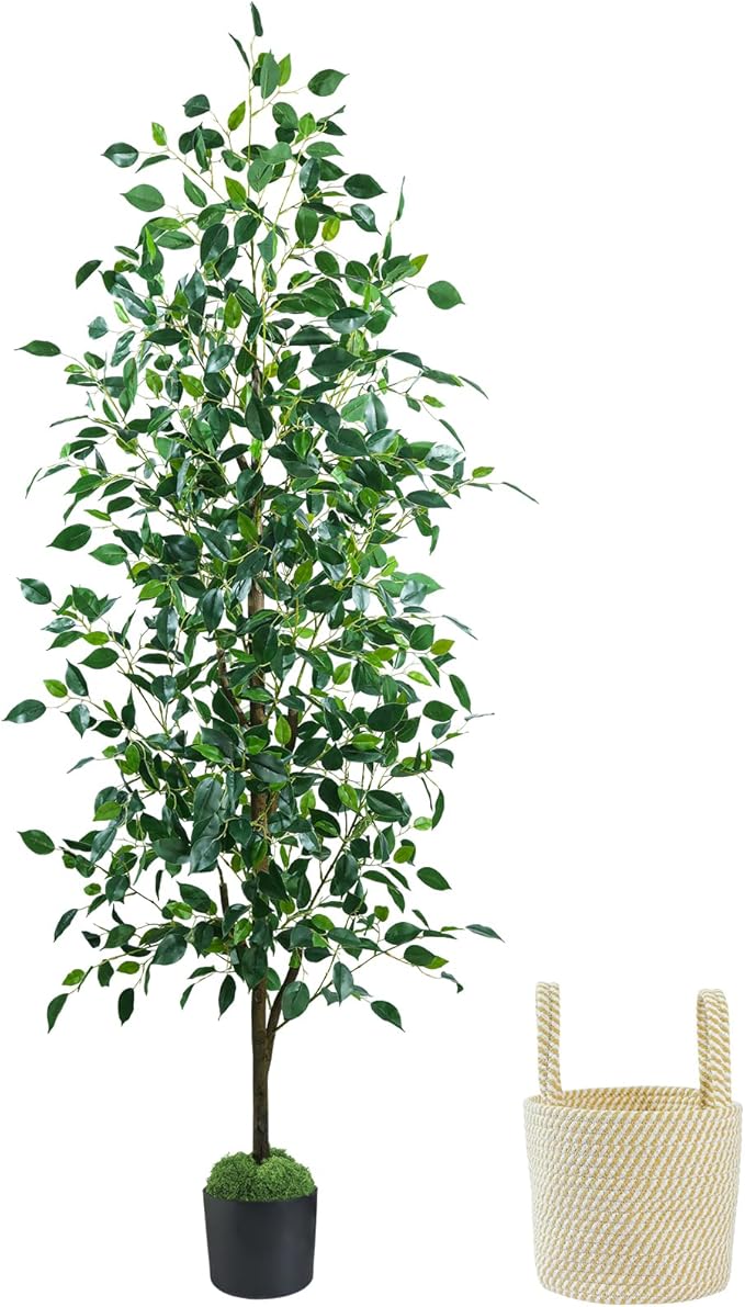 Caxchiling Fake Ficus Tree 6FT, Artificial Tree with Pot for Indoor Outdoor, Lifelike Faux Floor Plants with Moss Topper and Cotton Basket, Home Office Living Room Bedroom Doorway Hallway Decor