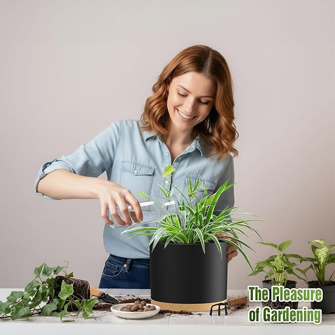 10/9/8 Inch Large Plant Pots with Drainage Holes and Trays, 3 Pack Modern Minimalist Cylinder Planters for Monstera, Snake Plant, Indoor Outdoor (Matte Black & Brown)