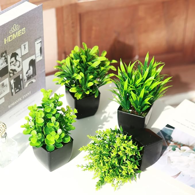 GREENTIME 4 Pack Fake Plants in Black Pot Mini Artificial Eucalyptus Potted Plant Small Faux Grass Greenery Potted for Indoor Home Office Farmhouse Bathroom Table Decoration