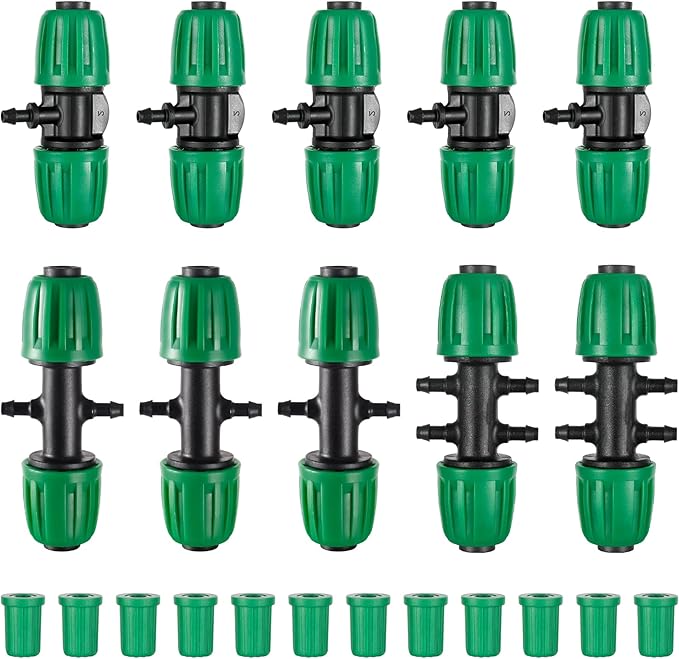 Barbed Tee Connector,1/2" to 1/4" Drip Irrigation Fittings 1/2" to 1/4" Drip Line Reducer Tee Connectors,3/4/6-Way Splitter Connectors with End Plug for Garden Irrigation System