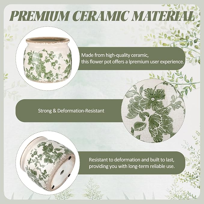 2 Pcs Vintage Planter Ceramic Plants Pot with Drainage Ice Crack Scroll Flower Vase Pot for Indoor Outdoor Plants Home Kitchen Decor Gifts (Vintage Floral,5.9")