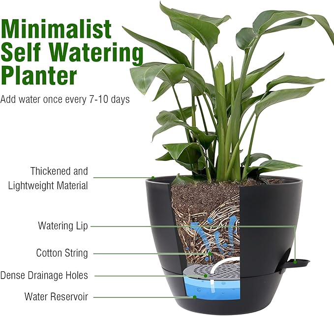WSMKSZ 12 inch Large Self Watering Pots, Flower Plant Pots with Multi Mesh Drainage Holes for Indoor Outdoor Garden Plants and Flowers, Plastic Planters with Removable Deep Reservoir, Black