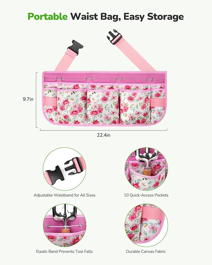 Grenebo All-in-One Garden Tool Set with Tools Organizer Belt Adjustable, 10-Piece Gardening Hand Tools, Long Lasting Rust-Proof Premium Garden Tool Kit, Gardening Gift for Women Men (Pink)