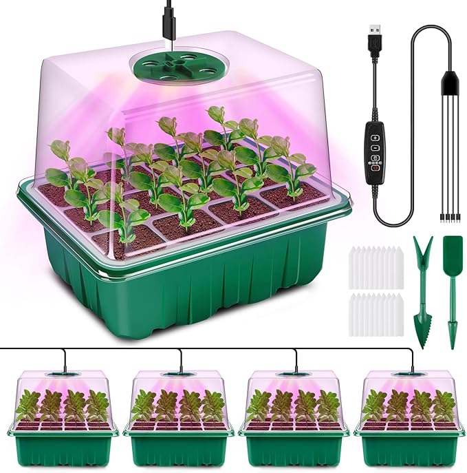YAUNGEL Seed Starter Tray with Grow Light, 4 Pack Seed Starter Kit with Timing Controller Adjustable Brightness, Thicken Seedling Starter Trays with Humidity Domes Heightened Lids, Gift Box