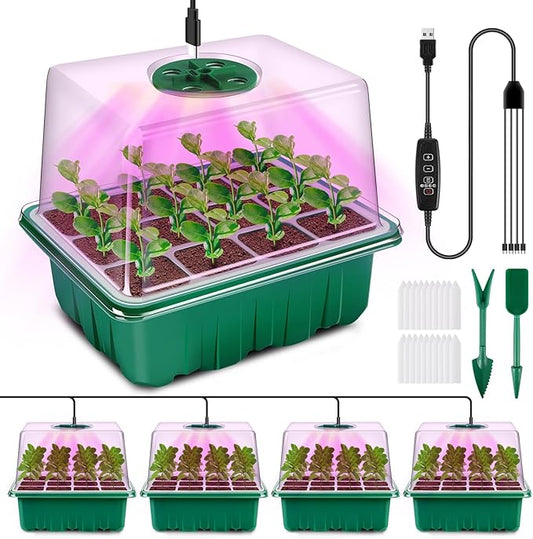 YAUNGEL Seed Starter Tray with Grow Light, 4 Pack Seed Starter Kit with Timing Controller Adjustable Brightness, Thicken Seedling Starter Trays with Humidity Domes Heightened Lids, Gift Box