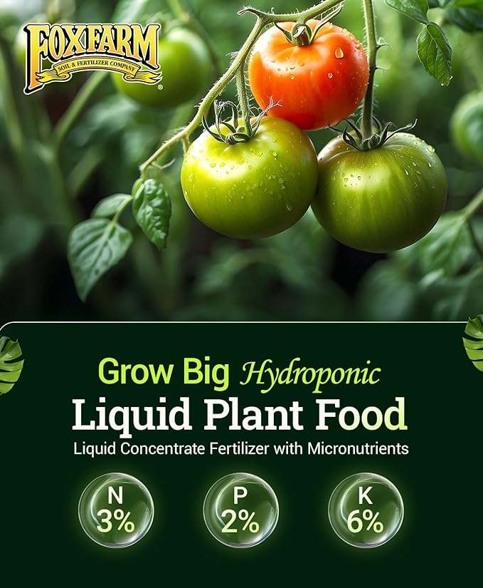 FoxFarm Grow Big Hydroponic Plant Food - 3-2-6 Liquid Plant Fertilizer for Lush Vegetative Growth in Hydroponic Systems - Liquid Concentrate with Earthworm Castings & Micronutrients - 2.5 Gallons