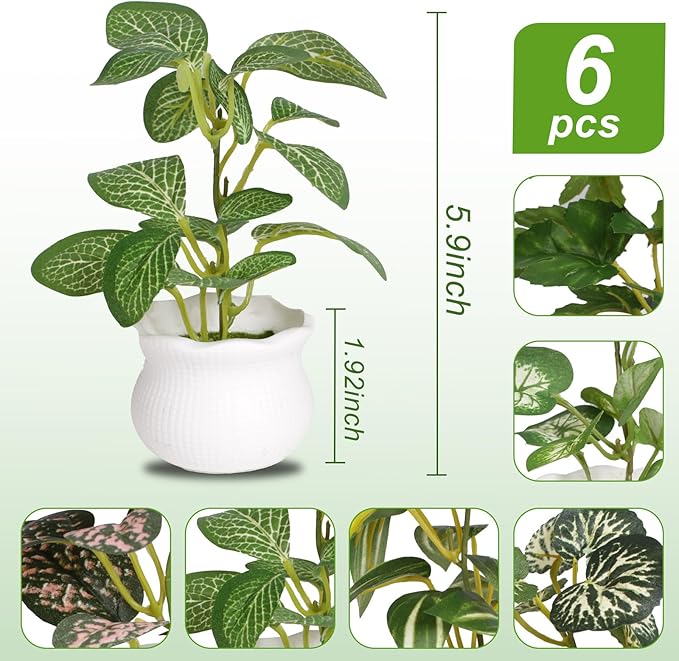 Yoratee Small Artificial Plant 6PCS Fake Plant Greenery Cute Potted Indoor Faux Plant Houes Office Table Desk Bathroom Decor Plants