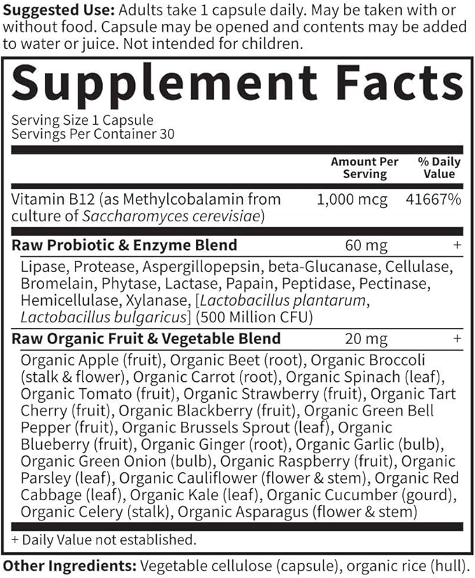 Garden of Life Vitamin Code Raw B-12 - 30 Capsules, 1,000mcg Whole Food B12 Methylcobalamin for Energy, Vegan Methylcobalamin Vitamin plus Probiotics and Enzymes, Gluten Free Supplements