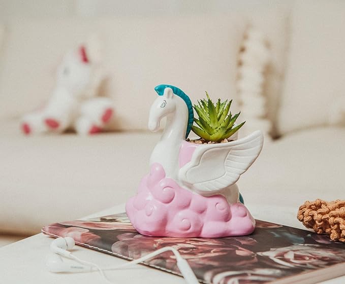 Silver Buffalo Disney Hercules Pegasus 3-Inch Ceramic Mini Planter with Artificial Succulent | Small Flower Pot, Faux Indoor Plants for Desk Shelf, Home Decor