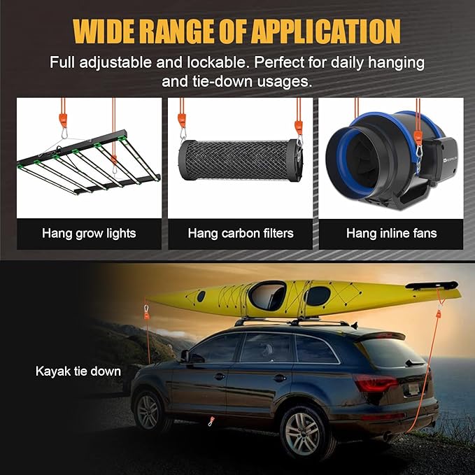 Ayaport Adjustable Rope Hanger Grow Light Hanger, 12Ft 1/4" Heavy Duty Plant Pulley Rope Tightener Ratchet Tie Down for Kayak, Tarp, Tent Tie Downs, Hanging Plants, Filters, Fans 4Pack