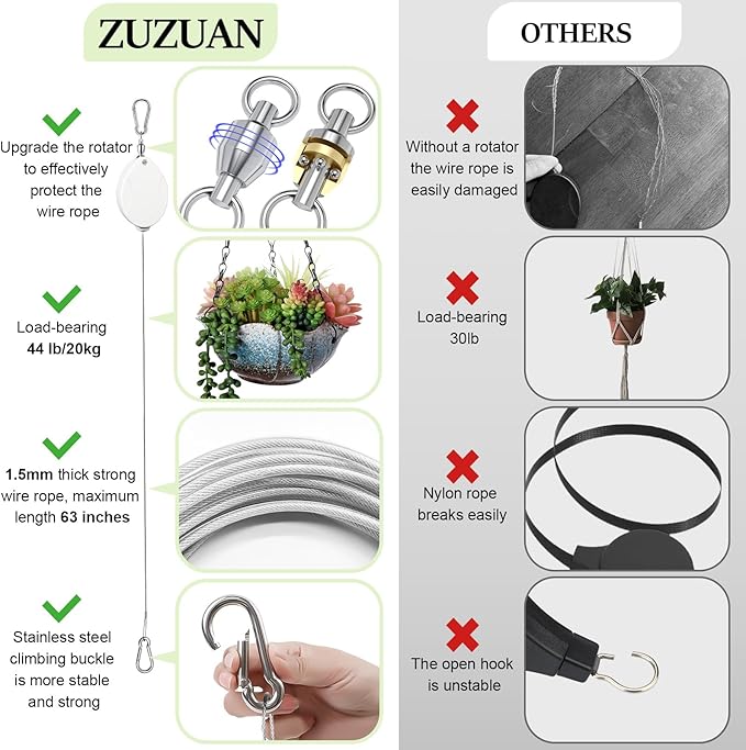 2 Pcs Upgraded Heavy Duty Retractable Plant Hanger,Plant Pulleys for Hanging Plants,Easy to Raise and Lower,Auto Lock,Adjustable Hook for Garden Baskets Pots,Birds Feeder and Wind Chime,White