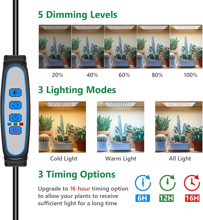 Aumtrly Grow Lights for Seed Starting, 552 LED Full Spectrum Plant Light Panel for Growing Indoor Plants, Slim Grow Lamp with UL Adapter, 6/12/16H Timer, 3 Light Modes, 5 Dimmable