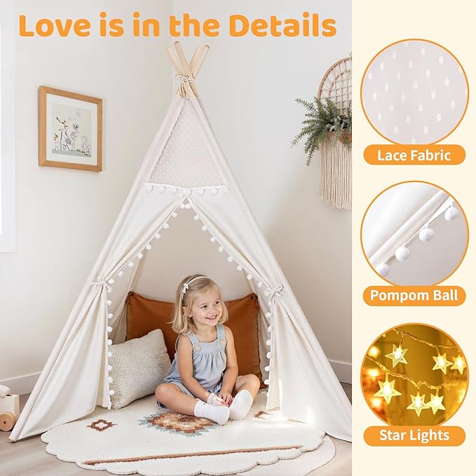 Sumbababy Kids Teepee Tent for Toddlers, Washable Indoor Tipi Sleepover Tent with Lights, Slumber Party Tent for Girls & Boys, Foldable Play Tents Gift Toy