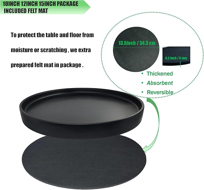 Yukfona Ceramic Plant Saucer Black Deep Pot Tray - 1 Pack 15 inch, Planter Saucers Water Drip Trays for Indoors Outdoor, Thick Durable Sturdy Flower Pot Saucers for Glazing Pots Base(15"/13.5"-Size)