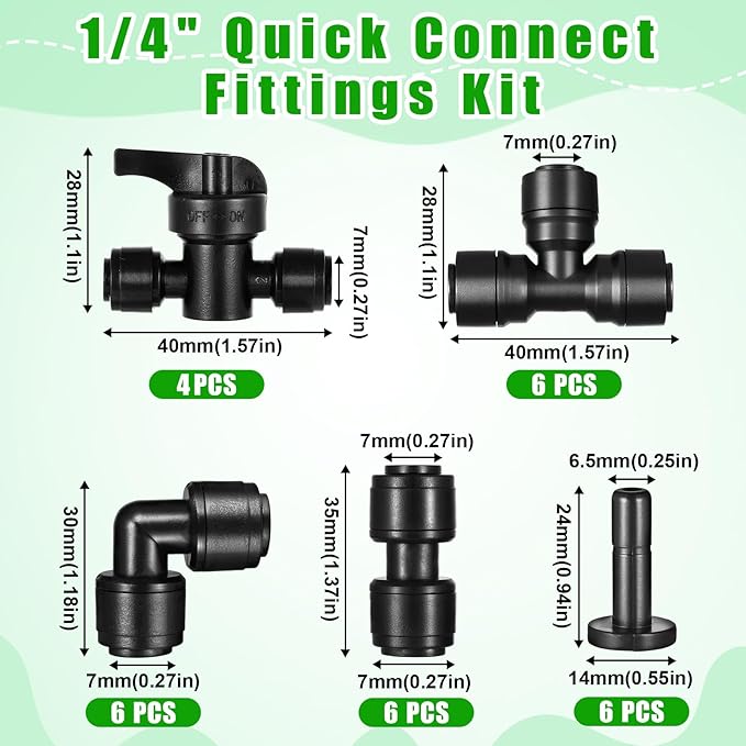 28 Pack 1/4" Quick Connect Fittings Kit,1/4 Inch Irrigation Tubing Fittings Anti-Drop Push to Connect for 1/4 Inch Drip Tubing 6 Coupling 6 Elbow 6 Tee 6 End Plug 4 Shut Off Valve