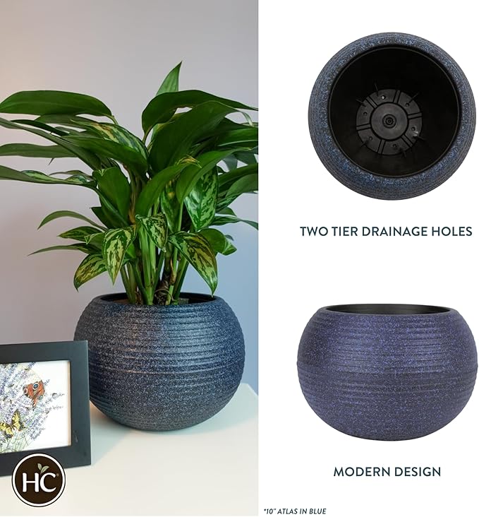 The HC Companies 8 Inch Atlas Sphere Planter - Lightweight Decorative Round Indoor Outdoor Plastic Plant Pot for Herbs and Flowers, Blue