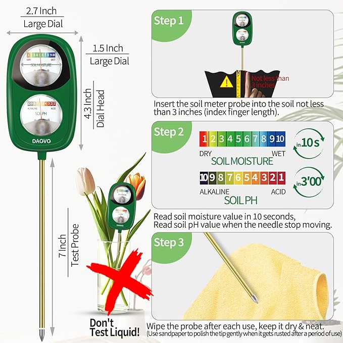 2-in-1 Moisture Meter for Plants, Soil Moisture Meter & PH Meter, Large Dual-Screen Soil Test Kit for Indoor/Outdoor Garden, Lawn, and Farm Use, No Battery Needed, Leaf Green